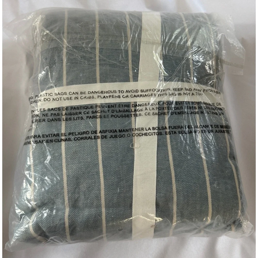 Pottery Barn Belgian Flax Linen Stripe Duvet Cover Full Queen Blue White NEW